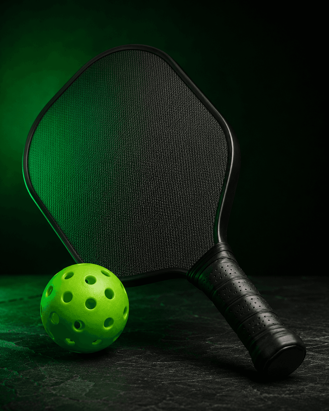 Pickleball paddle and ball with green studio lighting